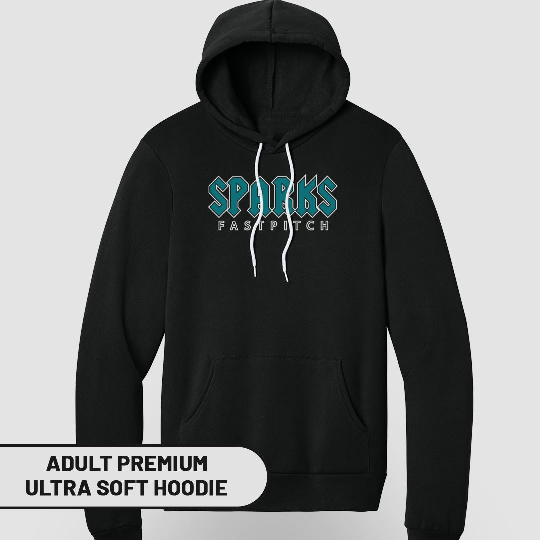 Black adult premium ultra soft hoodie with Sparks Fastpitch logo.