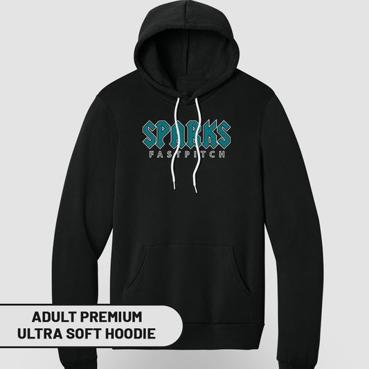 Black adult premium ultra soft hoodie with Sparks Fastpitch logo.