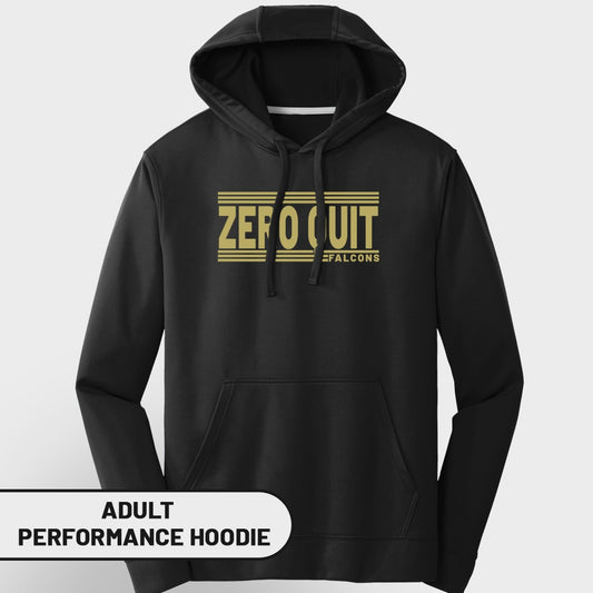 Black adult performance hoodie with gold "ZERO QUIT FALCONS" text.