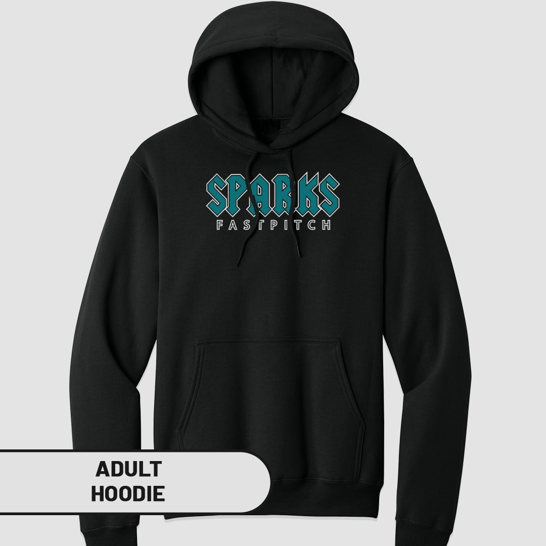 Black hoodie with "SPARKS FASTPITCH" logo in teal and white.