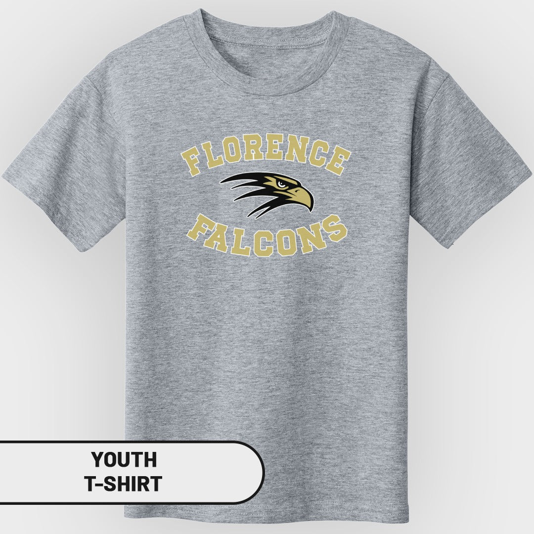 Youth grey t-shirt with "Florence Falcons" text and eagle graphic.