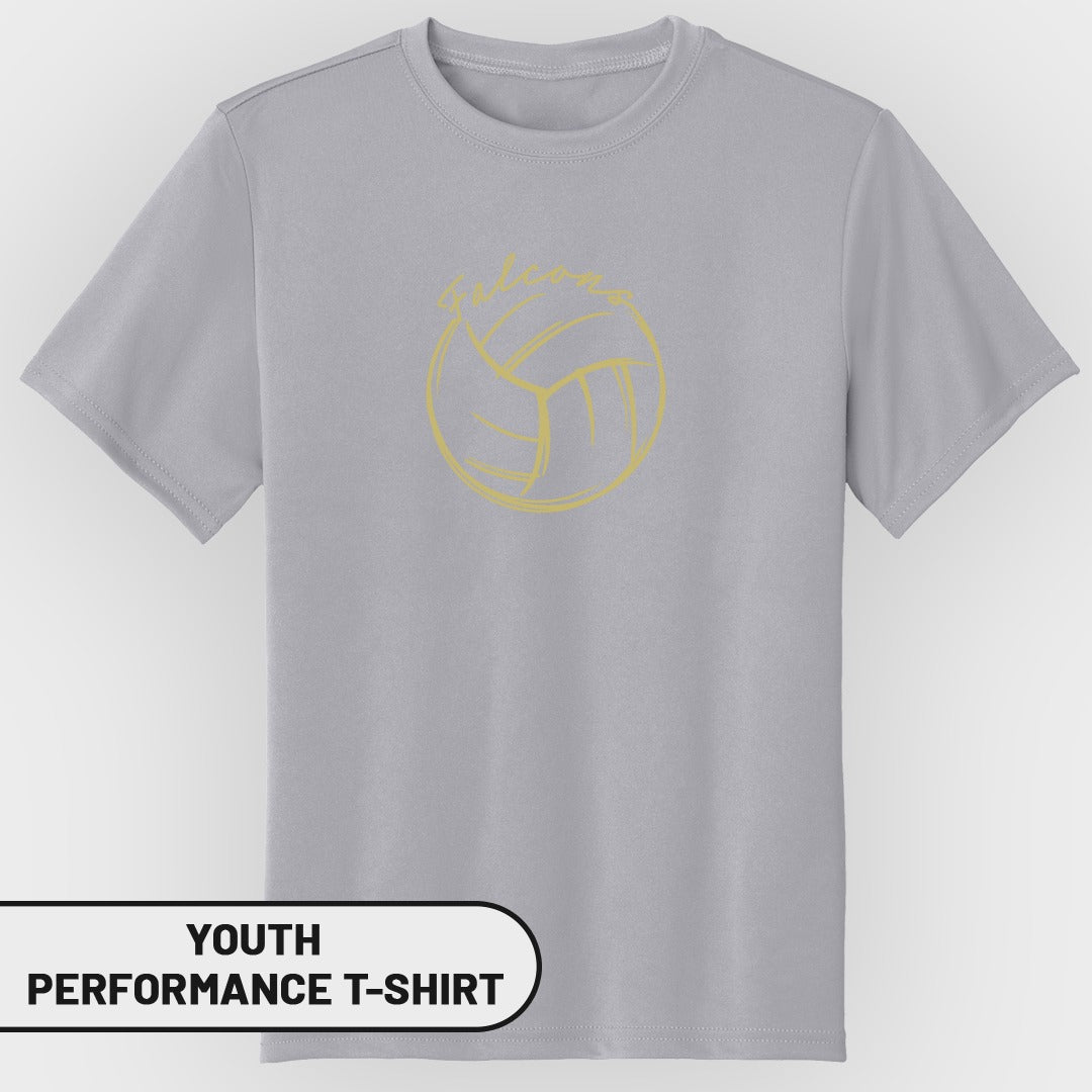 Grey youth performance t-shirt with yellow volleyball graphic and "Falcons" text.