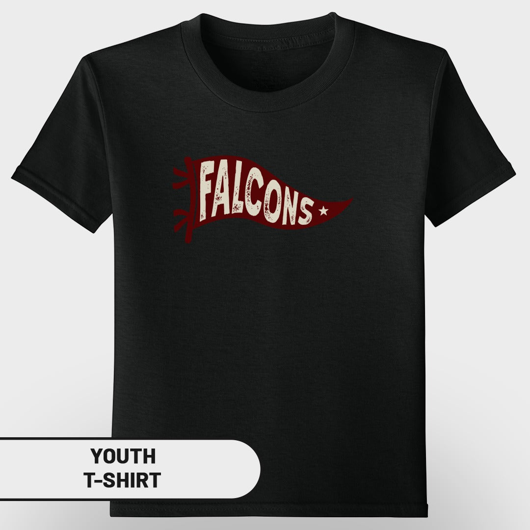 Black youth t-shirt with a distressed red banner reading "FALCONS".