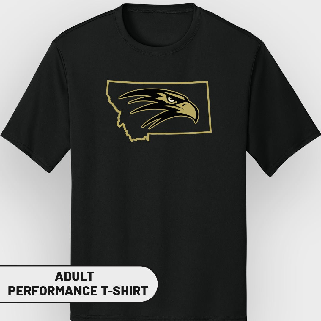 Black adult performance t-shirt with Montana outline and gold eagle logo.