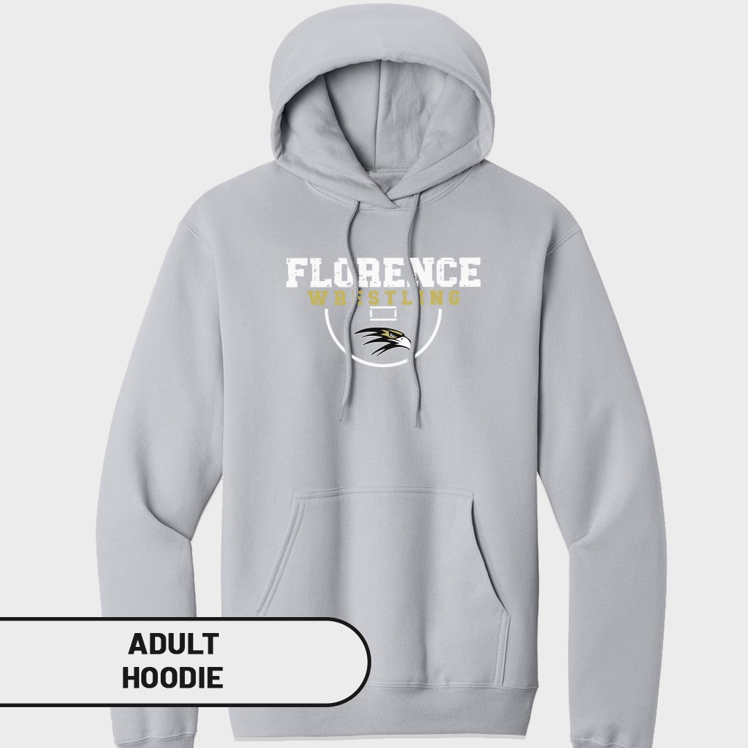 Light grey adult hoodie with "Florence Wrestling" text and hawk logo.