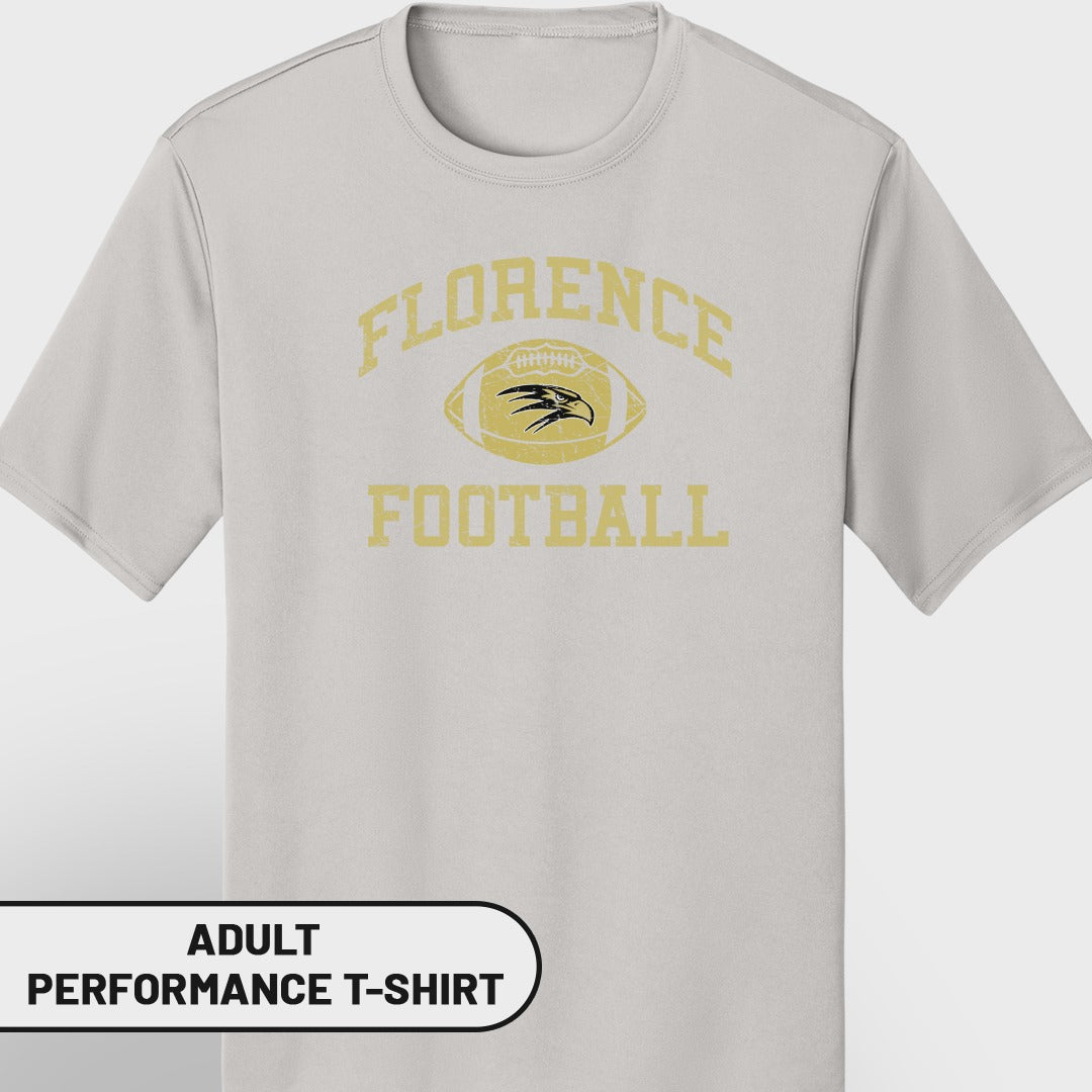 Light gray adult performance t-shirt with "FLORENCE FOOTBALL" and eagle graphic.
