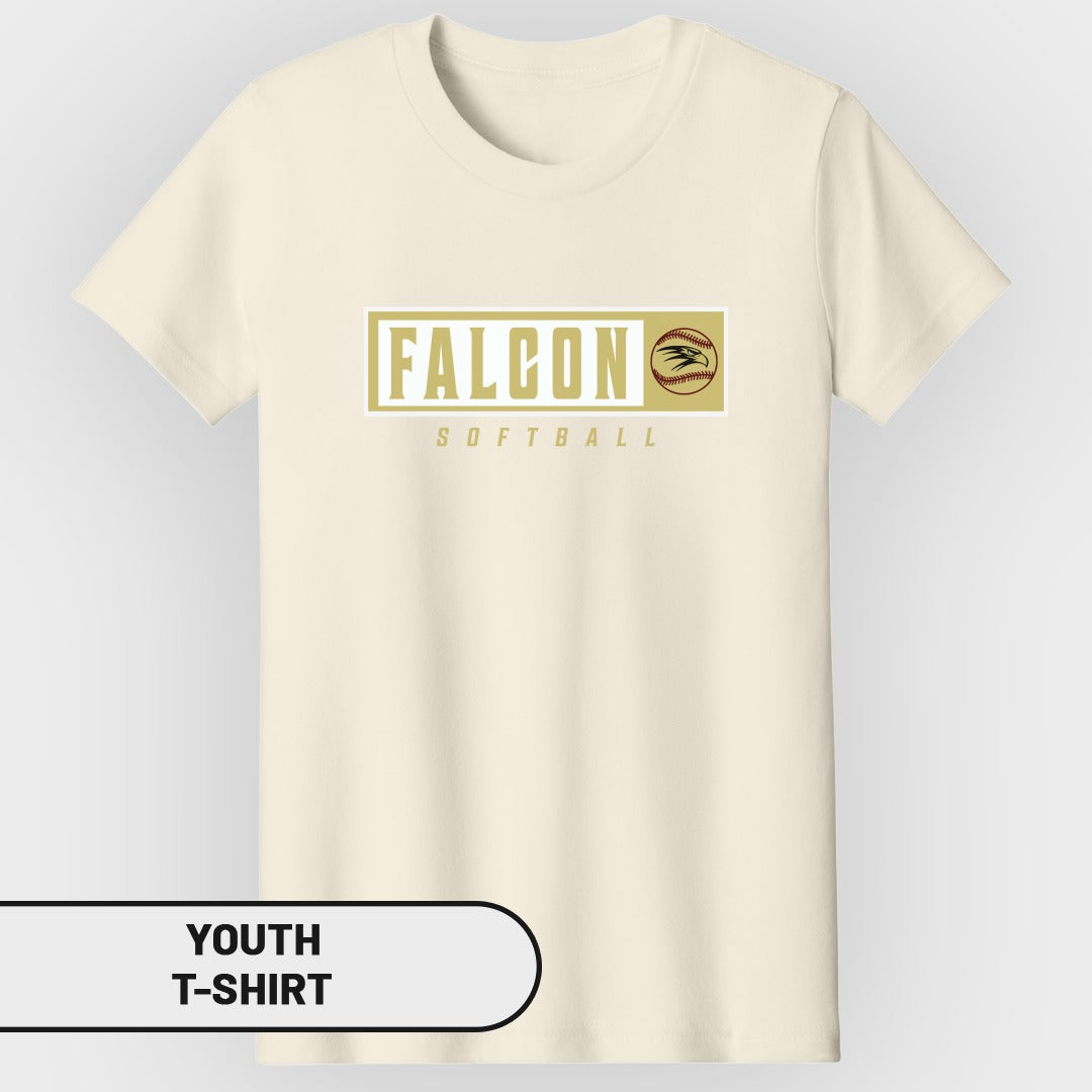 Cream youth t-shirt with "FALCON SOFTBALL" and a softball graphic.