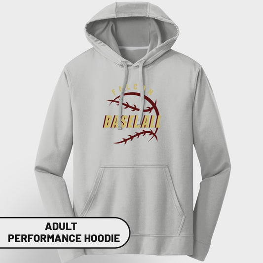 Grey adult performance hoodie with "Falcon Baseball" graphic on chest.