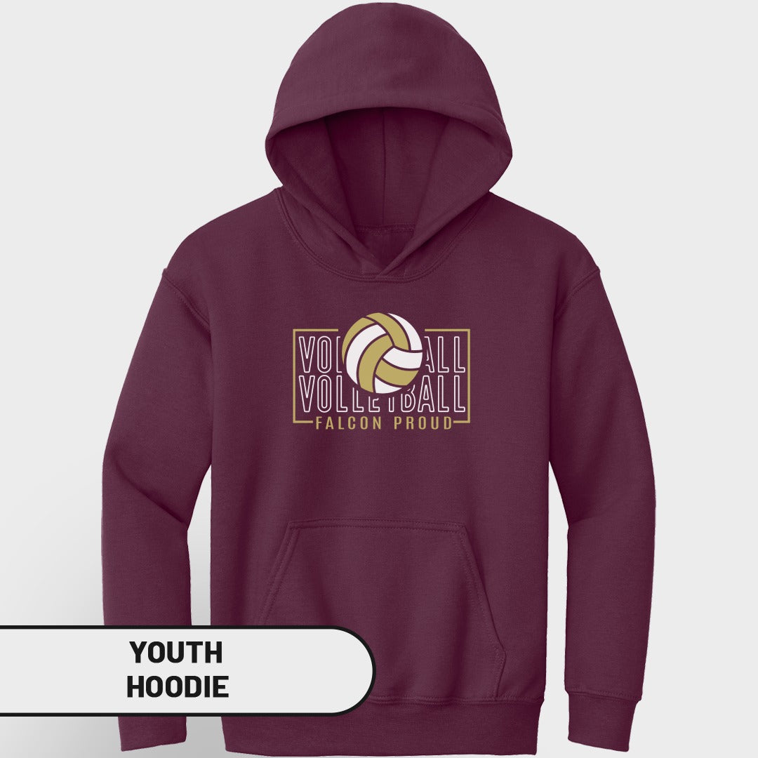 Maroon youth hoodie with "Volleyball Falcon Proud" graphic.