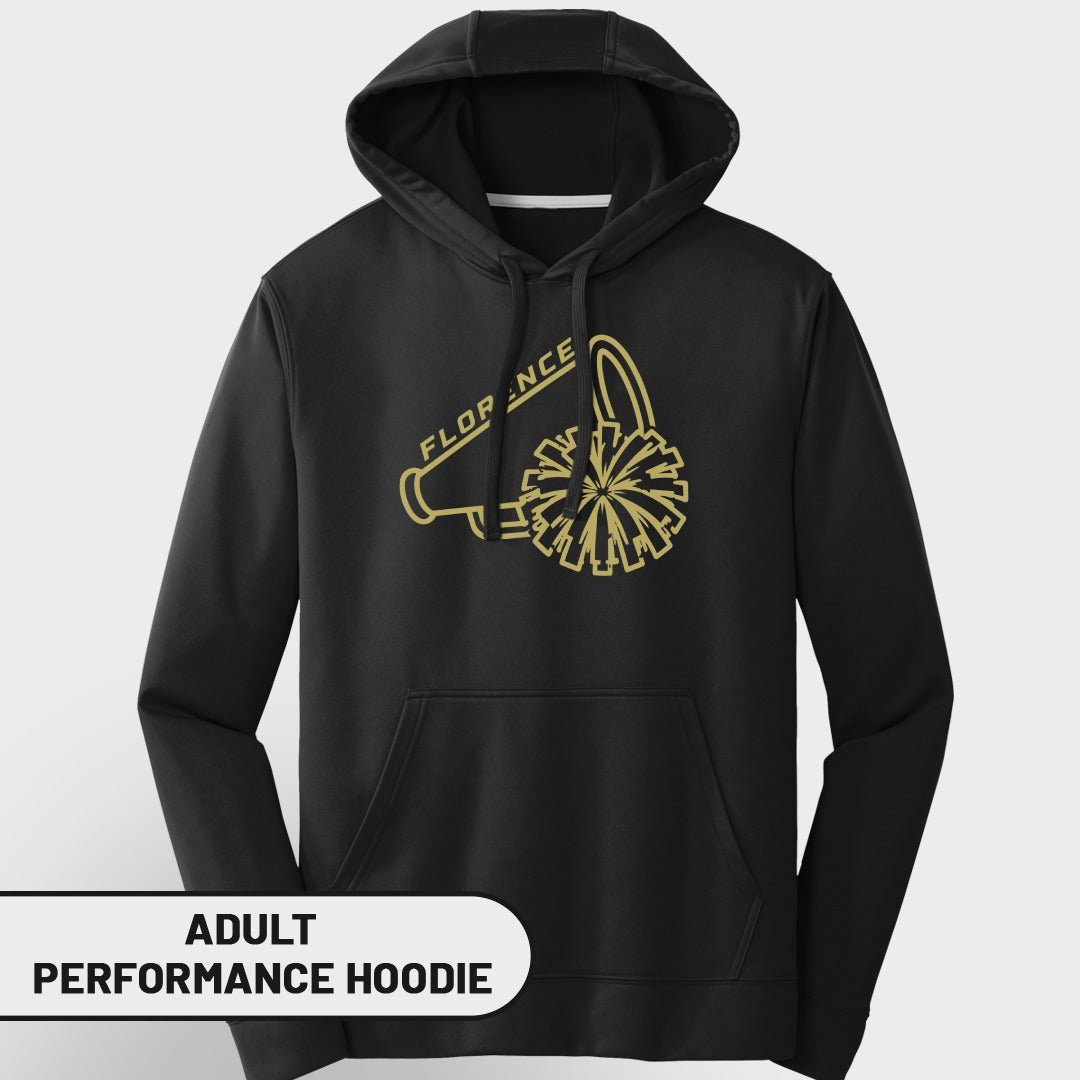 Black adult performance hoodie with gold Florence megaphone and pom-pom graphic.