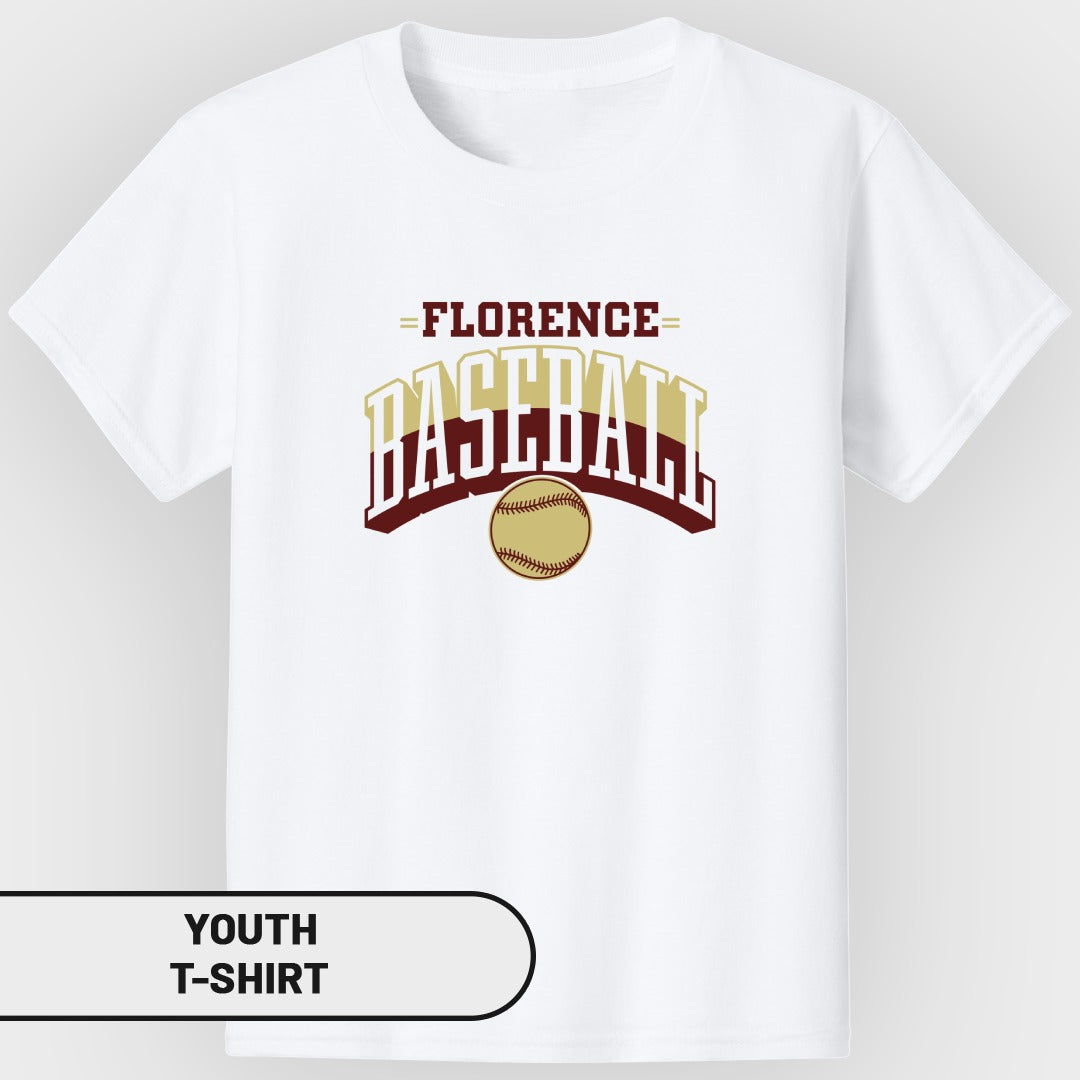 White youth t-shirt with "Florence Baseball" graphic and baseball.