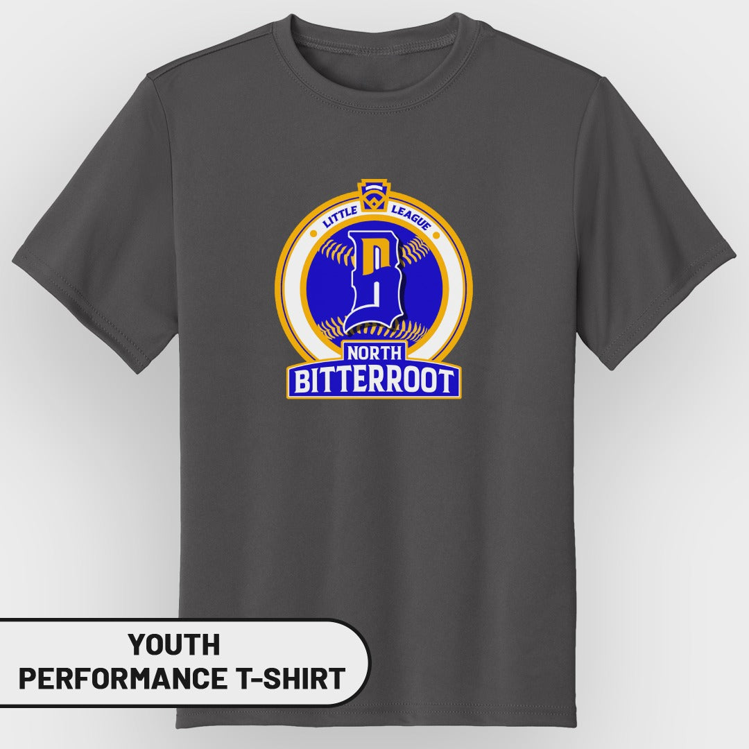 Youth performance t-shirt featuring a Little League logo with "North Bitterroot" text.