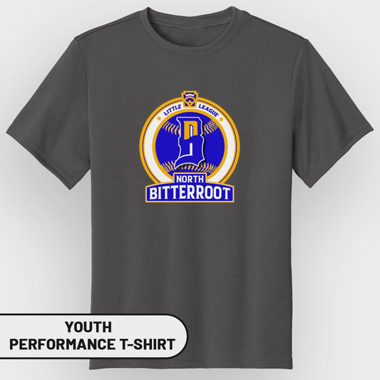 Youth performance t-shirt featuring a Little League logo with "North Bitterroot" text.