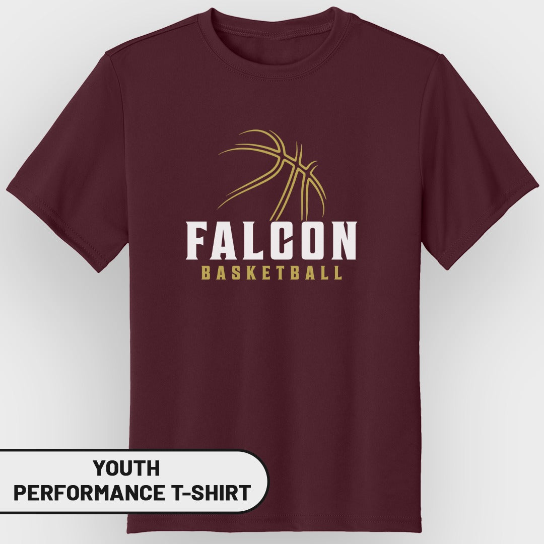 Maroon youth performance t-shirt with white "FALCON" and gold "BASKETBALL" text and basketball graphic.