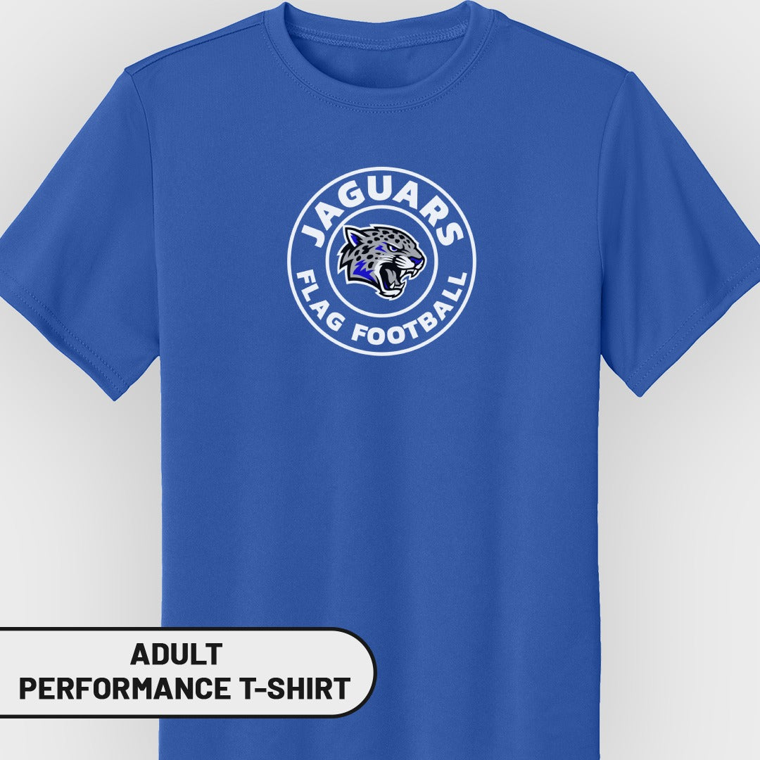 Blue adult performance t-shirt with Jaguars flag football logo.