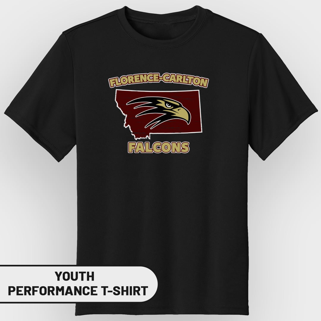 Black youth performance t-shirt with Florence-Carlton Falcons logo.