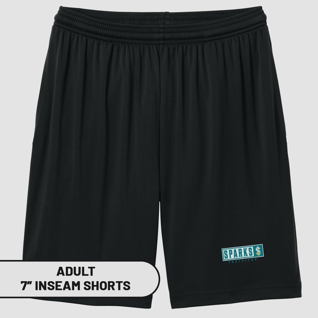 Black adult 7-inch inseam shorts with a Sparks Nutrition logo.