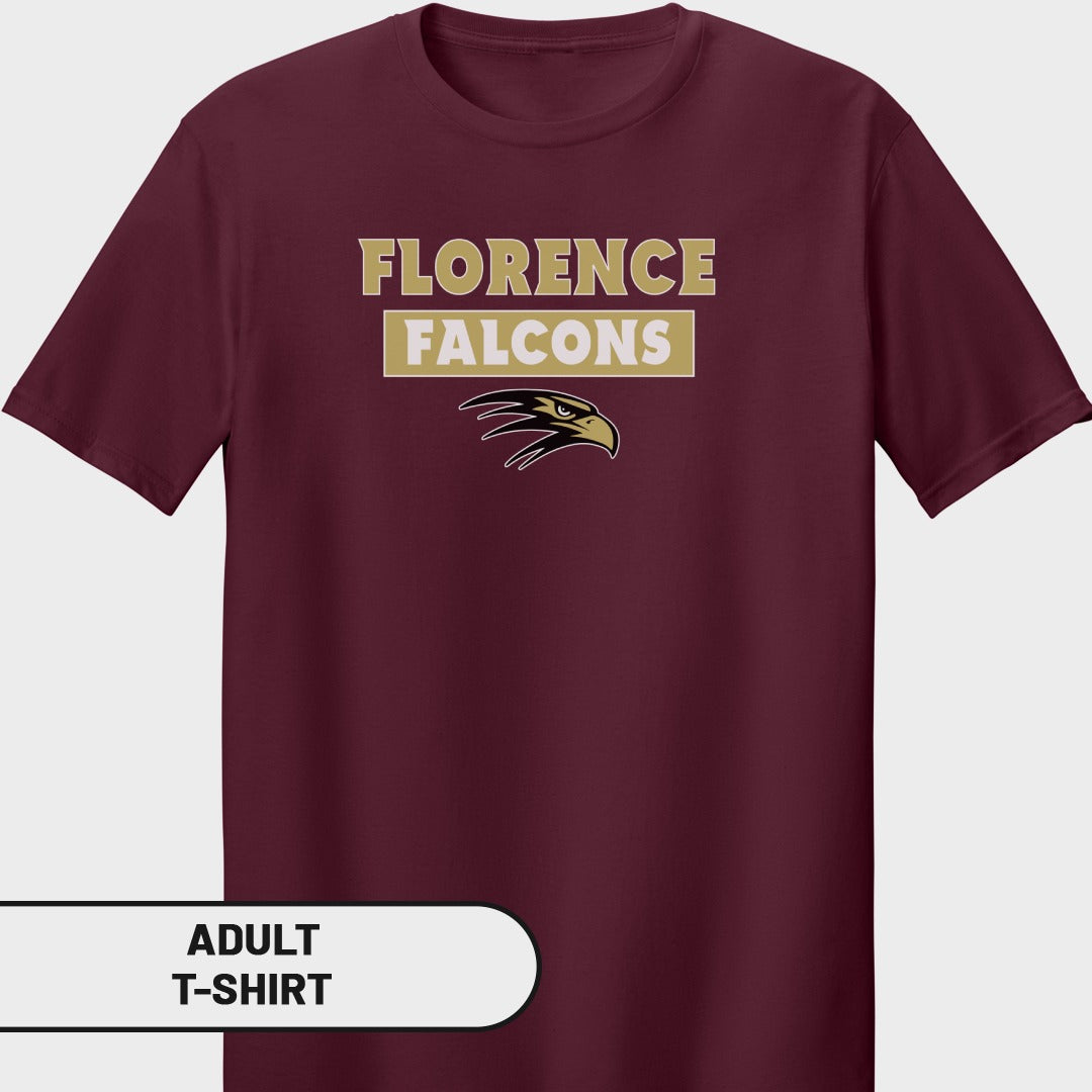 Maroon t-shirt with "Florence Falcons" text and an eagle head logo.