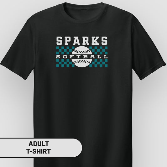 Black t-shirt with "SPARKS SOFTBALL" in white and teal over a checkered pattern.