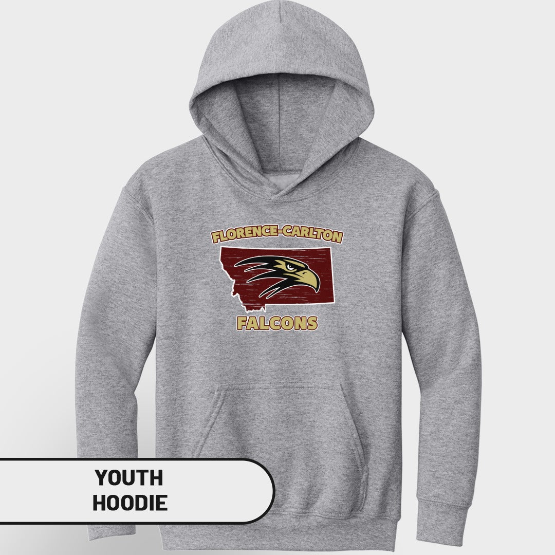 Grey youth hoodie with "Florence-Carlton Falcons" text over Montana outline and eagle graphic.