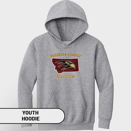 Grey youth hoodie with "Florence-Carlton Falcons" text over Montana outline and eagle graphic.