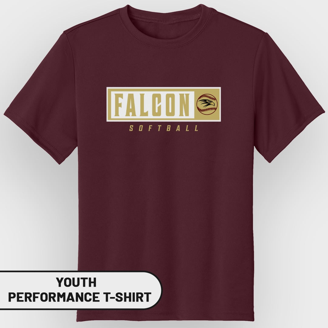 Youth performance t-shirt with "FALCON SOFTBALL" and baseball graphic.