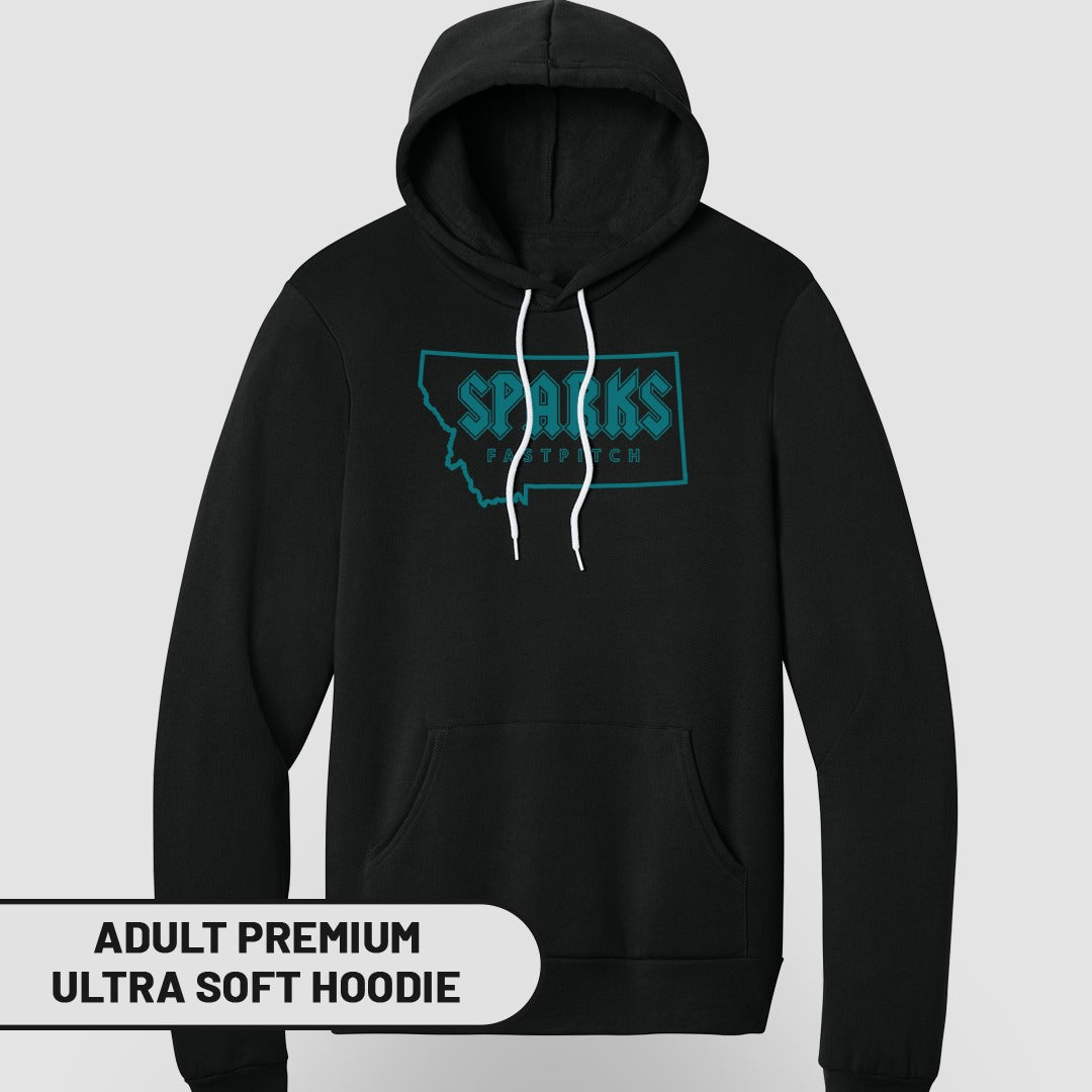 Black adult premium ultra soft hoodie with "Sparks" and outline of Montana.