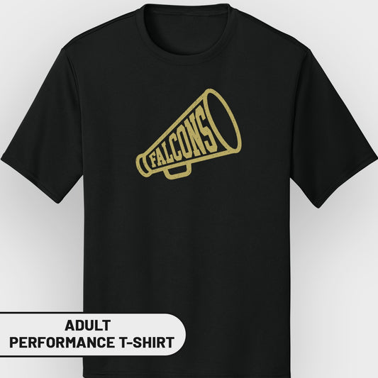 Black adult performance t-shirt with gold distressed "FALCONS" megaphone graphic.