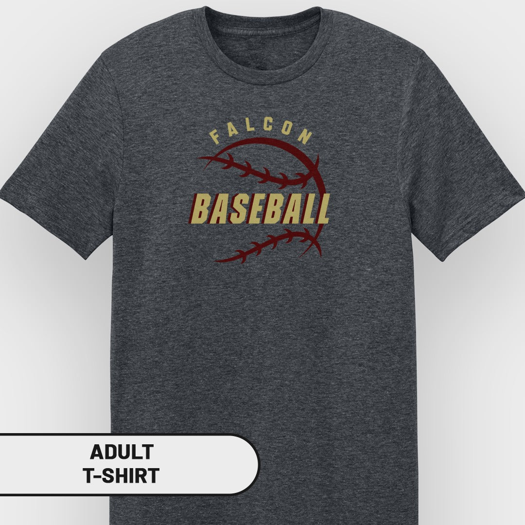 Dark gray adult t-shirt with "FALCON BASEBALL" and baseball stitching graphic.