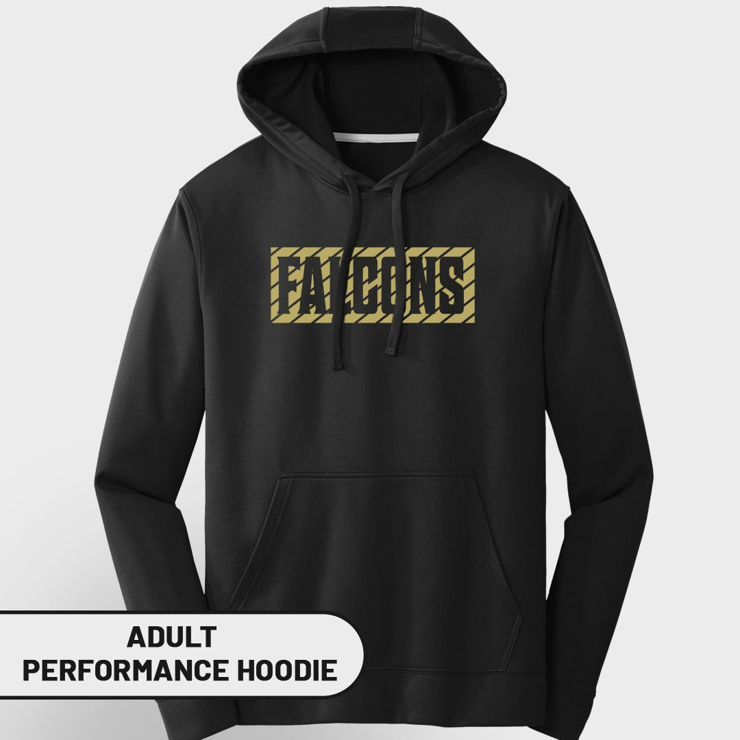 Black adult performance hoodie with "FALCONS" text graphic.