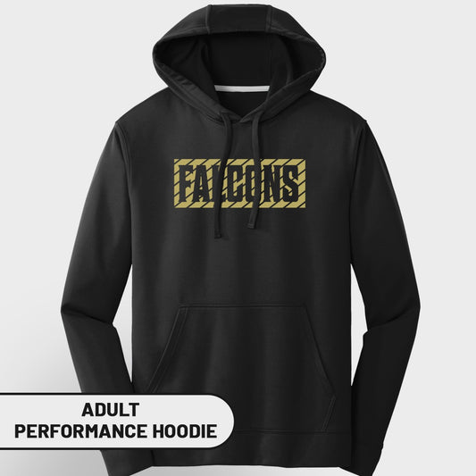 Black adult performance hoodie with "FALCONS" text graphic.