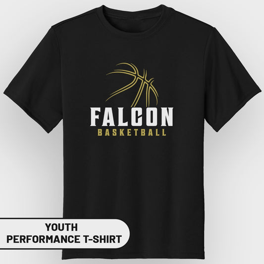 Black youth performance t-shirt with "FALCON BASKETBALL" text and a gold basketball graphic.