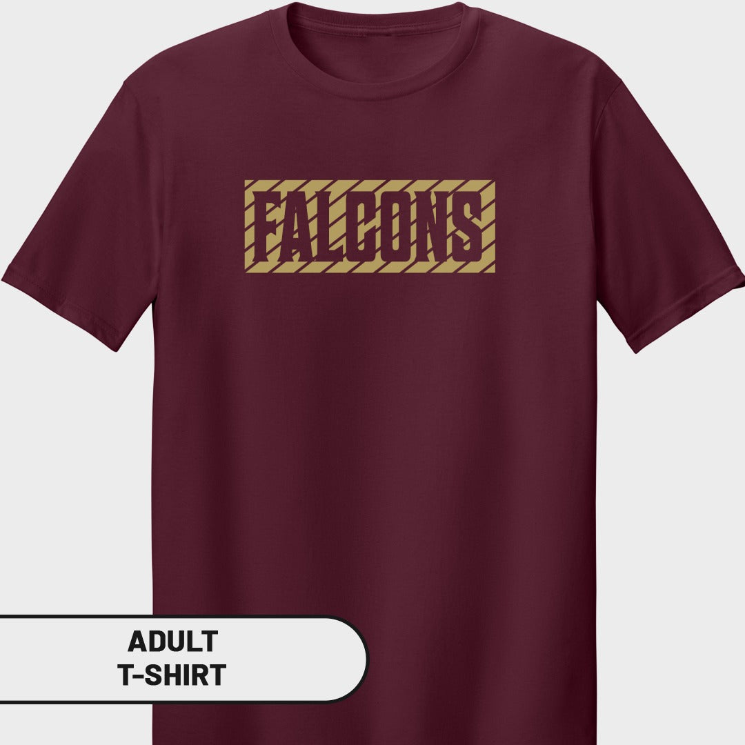 Maroon adult t-shirt with "FALCONS" text in a gold rectangle.