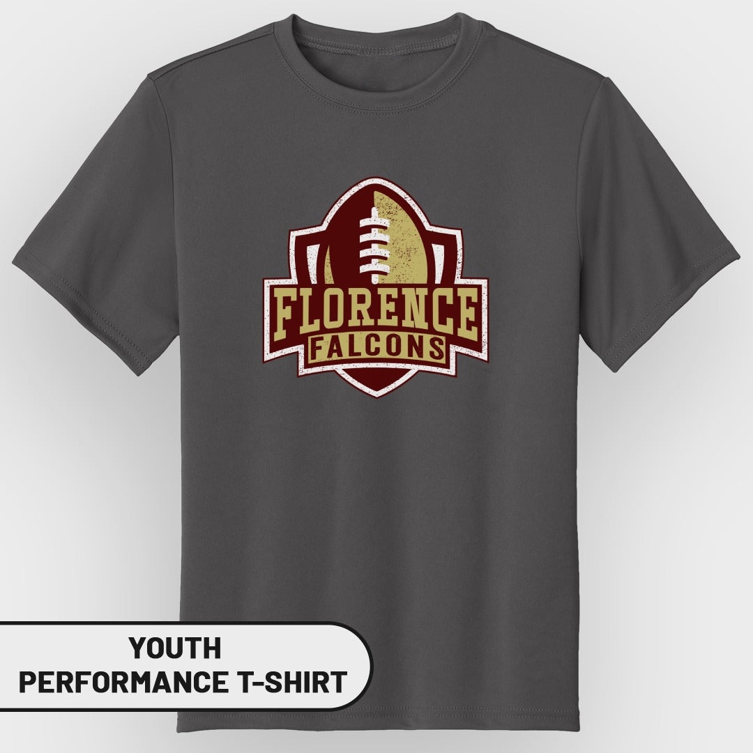 Youth performance t-shirt with Florence Falcons football logo.