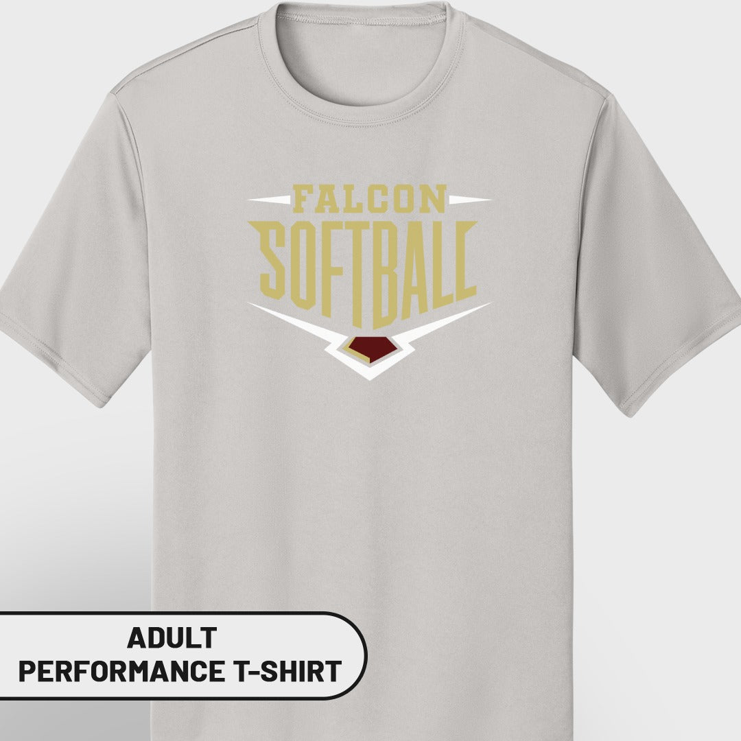 Light gray adult performance t-shirt with "Falcon Softball" graphic.