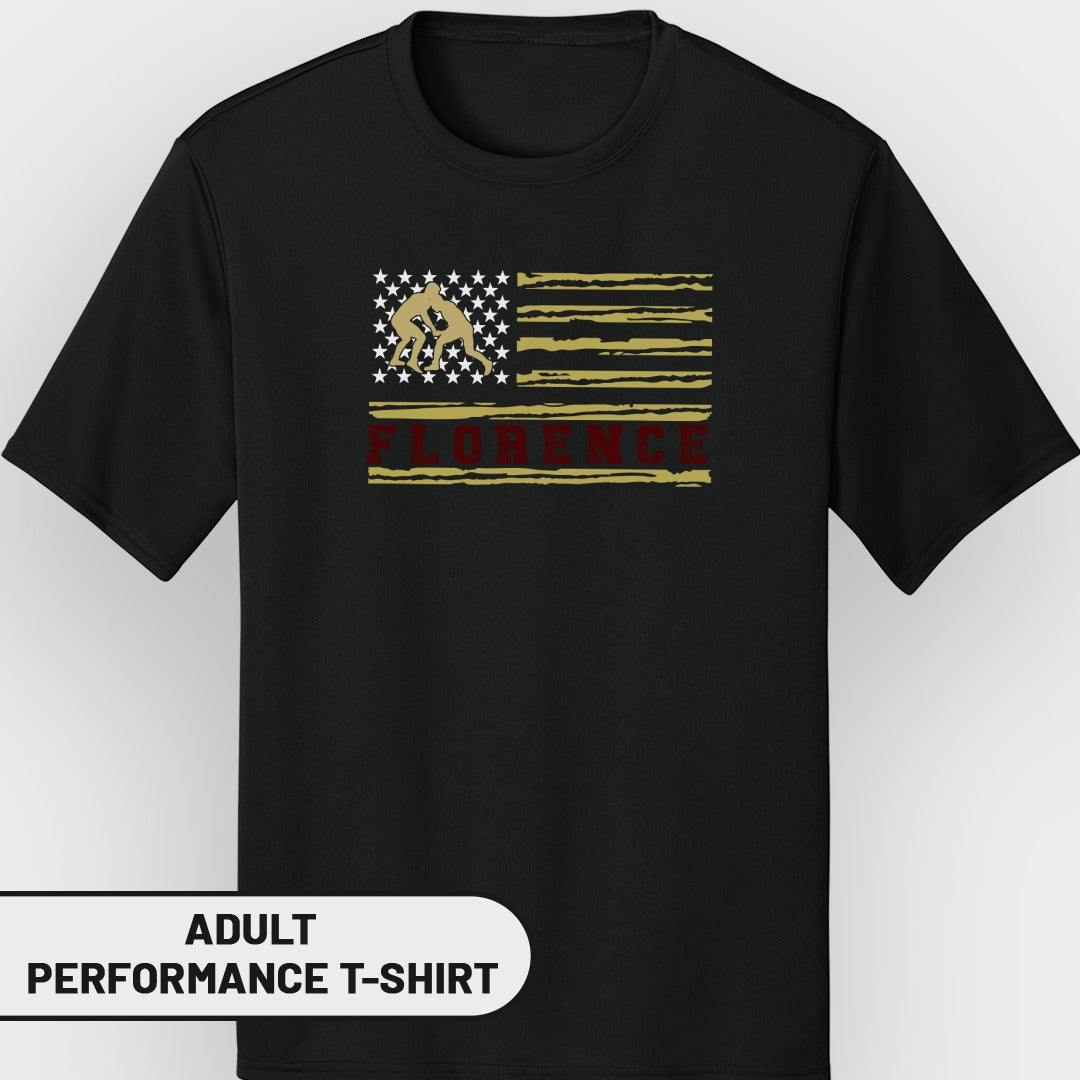 Black t-shirt with distressed American flag graphic featuring wrestlers and "FLORENCE" text.