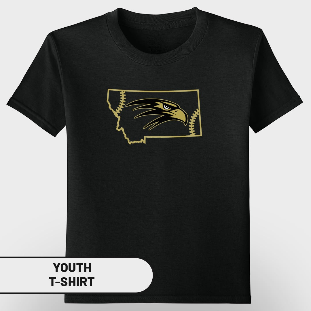 Black youth t-shirt with Montana outline, eagle head, and baseball stitching design.