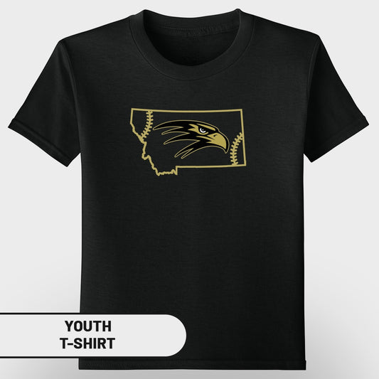 Black youth t-shirt with Montana outline, eagle head, and baseball stitching design.