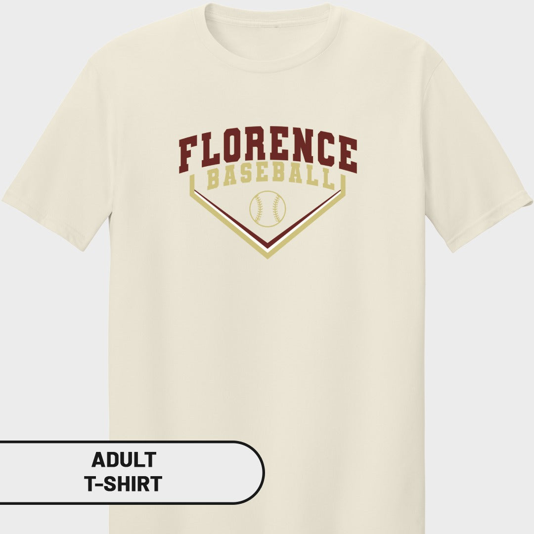 Cream adult t-shirt with "Florence Baseball" text and baseball graphic.