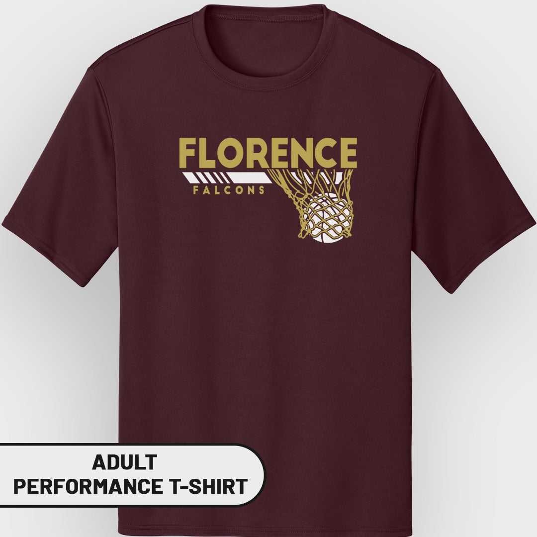 Maroon t-shirt with "Florence Falcons" and basketball in net graphic.