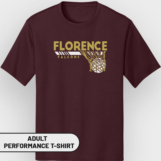 Maroon t-shirt with "Florence Falcons" and basketball in net graphic.