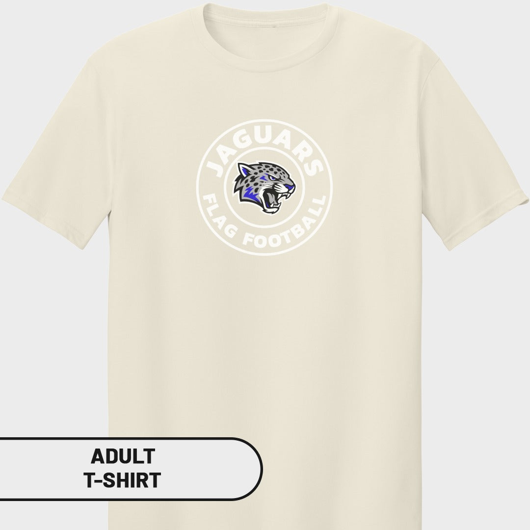 Adult t-shirt with "Jaguars Flag Football" logo featuring a jaguar head.