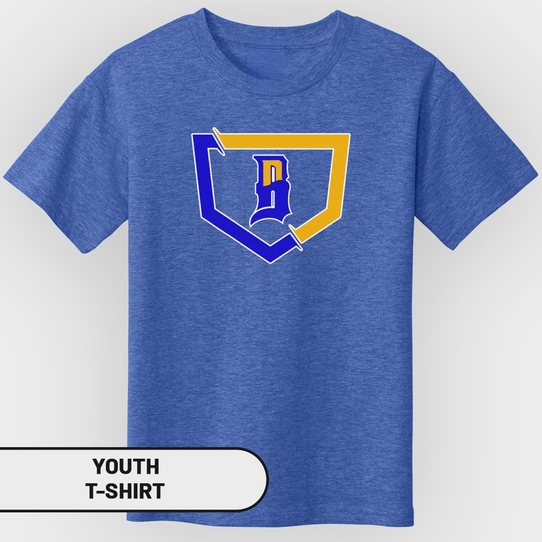 Blue youth t-shirt with a yellow and blue baseball shield logo.