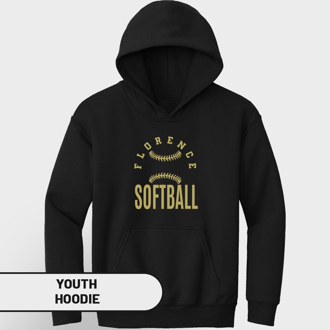 Black youth hoodie with "Florence Softball" text and baseball stitching graphic.