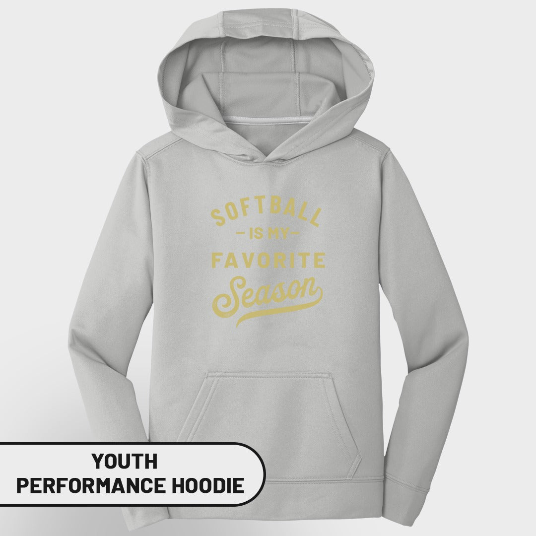 Light gray youth performance hoodie with yellow "Softball is my favorite season" graphic.
