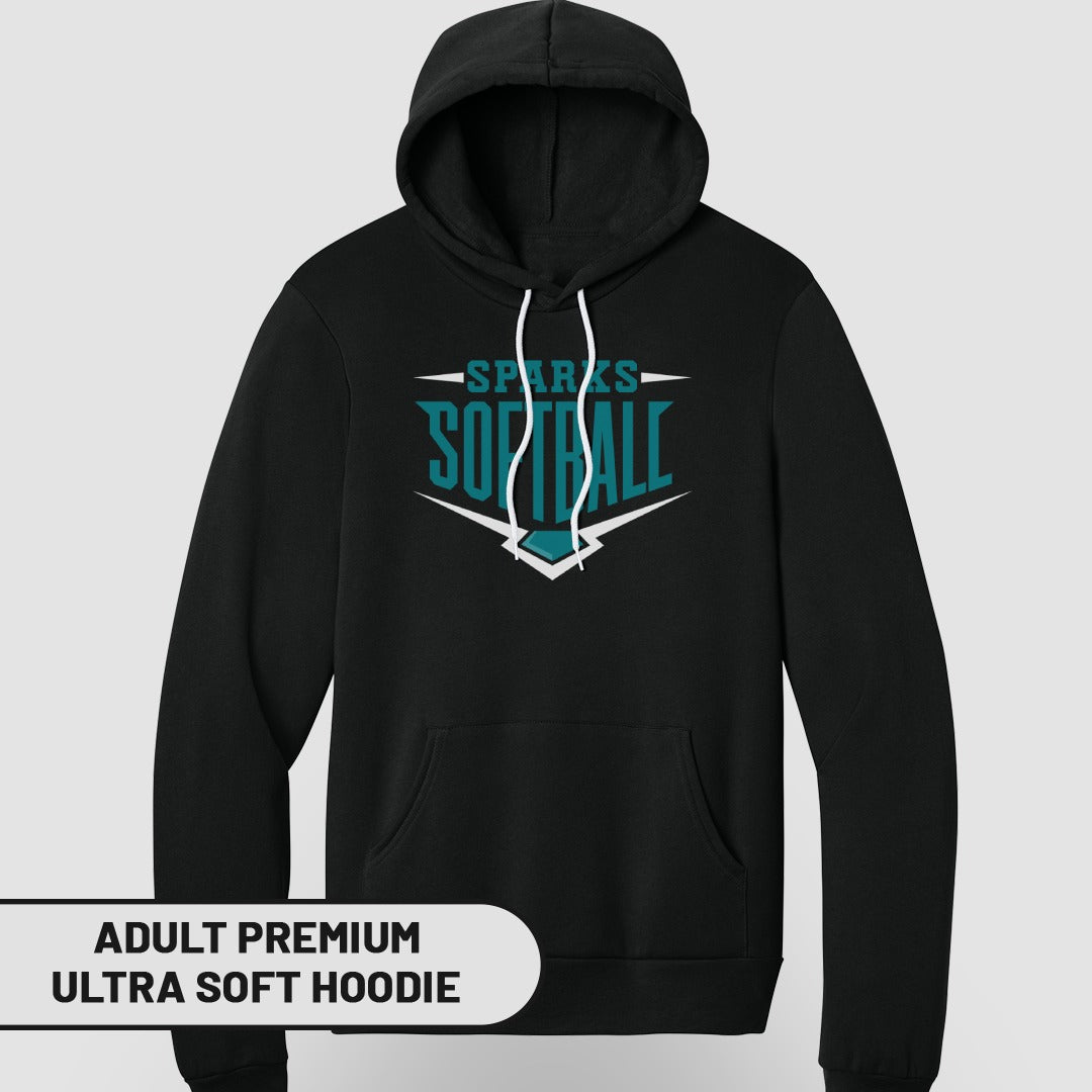 Black hoodie with "SPARKS SOFTBALL" logo and "ADULT PREMIUM ULTRA SOFT HOODIE" text.