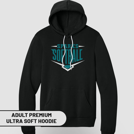 Black hoodie with "SPARKS SOFTBALL" logo and "ADULT PREMIUM ULTRA SOFT HOODIE" text.