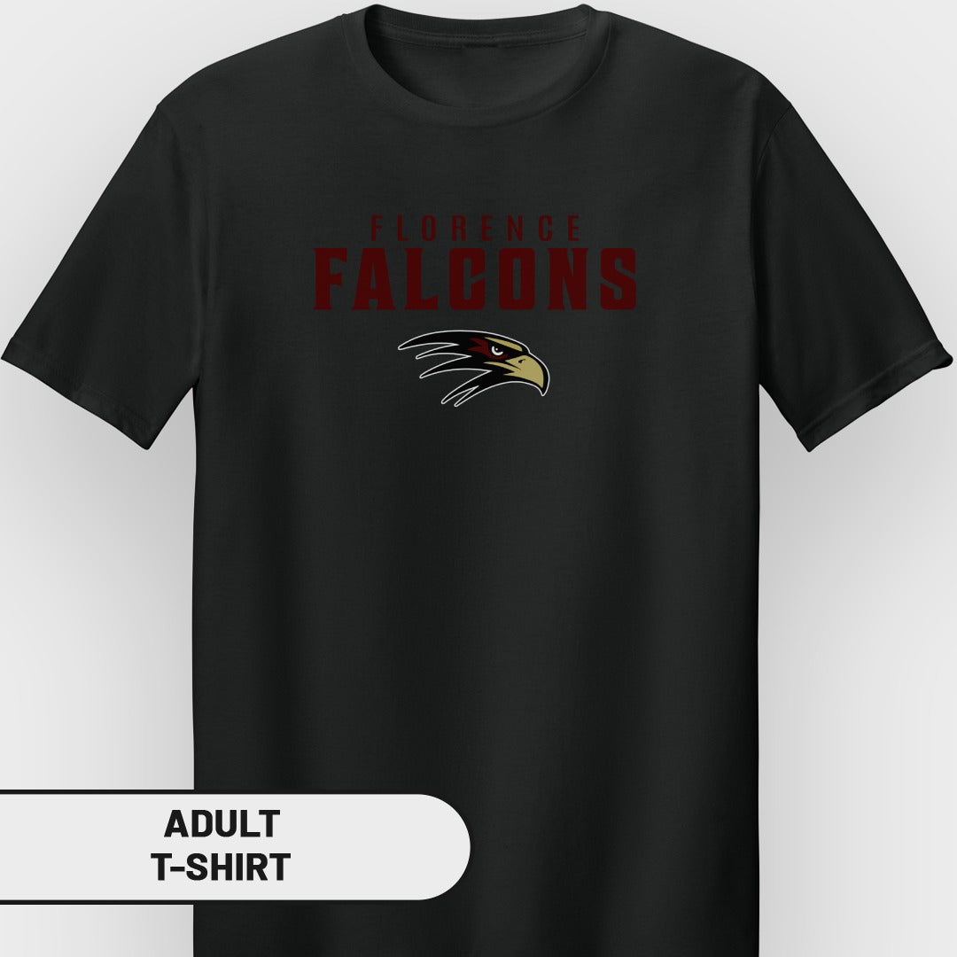 Black adult t-shirt with "Florence Falcons" and eagle logo.