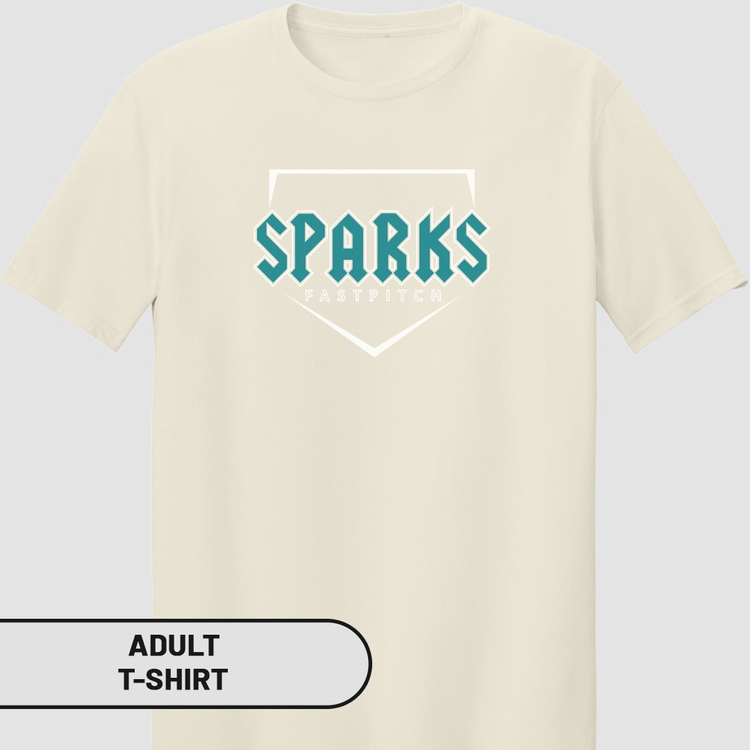 Cream t-shirt with "SPARKS FASTPITCH" logo.