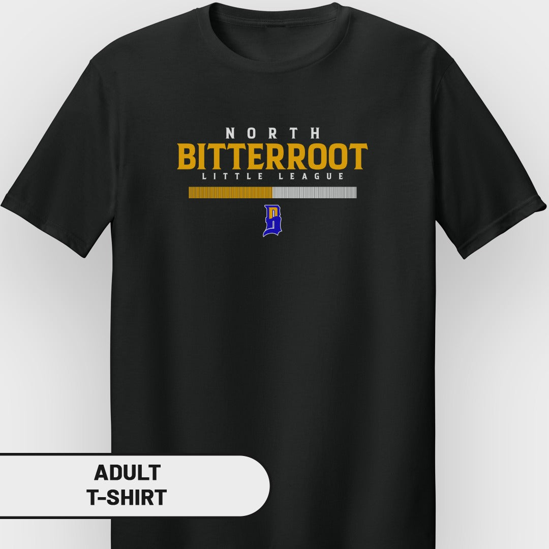 Black t-shirt with "North Bitterroot Little League" and a blue "B" logo.